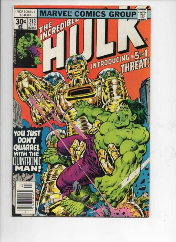 HULK #213, FN, Incredible, Bruce Banner, Quintronic Man, 1968 1977, Marvel