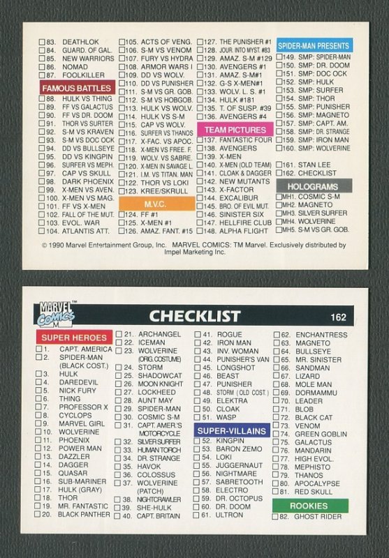 1990 Marvel Comics Card  #162 (Checklist) NM