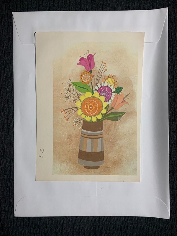 HAPPY FATHERS DAY Colorful Flowers in Brown Vase 6x8.5 Greeting Card Art #nn