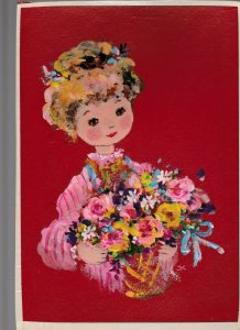 GET WELL Cute Paintecd Girl Pink Stripes Bouquet 8x11 Greeting Card Art #C8688