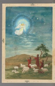 MERRY CHRISTMAS Shepherds w/ Flock & Angel in Sky 6x8.5Greeting Card Art #128