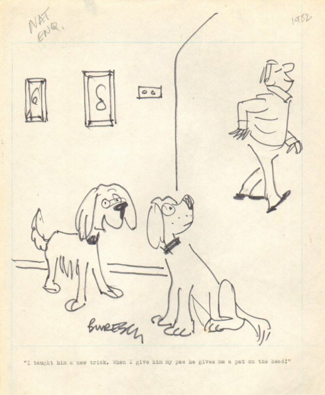 2 Dogs Teach Human Joke - National Enquirer art by Joe Buresch