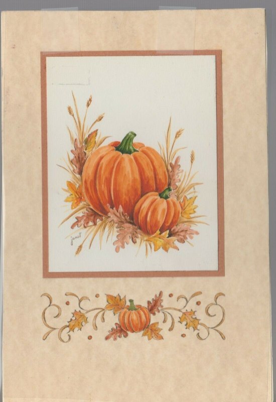 2 PUMPKINS w/ Vines Border 5.5x8 #581 Thanksgiving Greeting Card Art