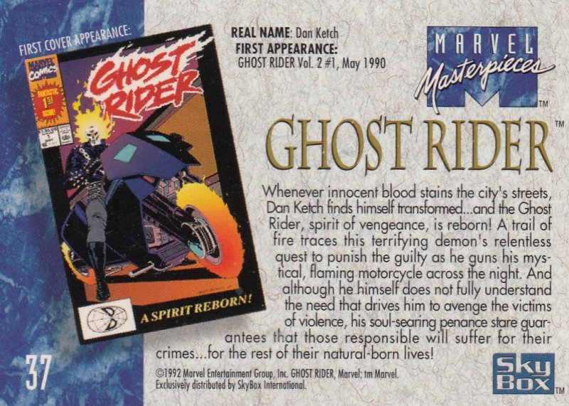 1992 SKYBOX MARVEL MASTERPIECE GHOST RIDER CARD #37