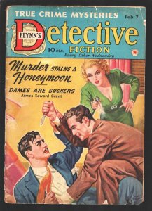 Flynn's Detective Fiction 2/7/1942-Gun Moll coverMurder Stalks a Honeymoon-...