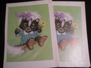 CUTE PAINTED Skunk Swinging 10.5x13.5 Greeting Card Art #B4071 w/ 2 Color Seps