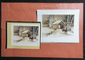 CHRISTMAS Covered Bridge Sleigh & Yellow Moon 9x7 Greeting Card Art #X2010