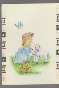 IT'S EASTER Cute Girl w/ Lamb Bird & Flowers 4.5x6.5 Greeting Card Art #E2249