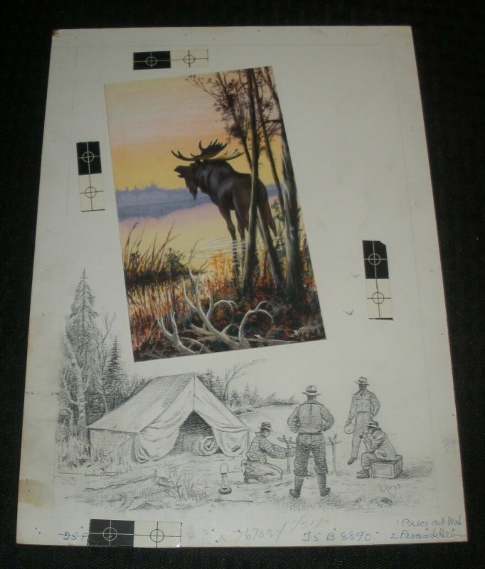 GET WELL SOON Camping Scene w/ Color Moose 8.5x12 Greeting Card Art #8890