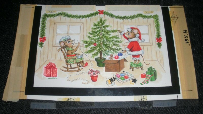 CHRISTMAS Cartoon Mice Decorating Tree 8x4.75 Greeting Card Art #SP5423