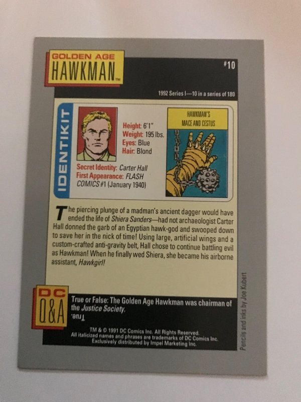 GA HAWKMAN #10 card : 1992 DC Universe Series 1, NM/M, Impel,  Joe Kubert art