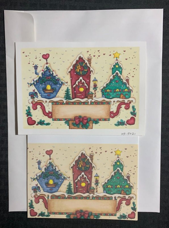 CHRISTMAS Houses w/ Hearts & Stars 8.25x6  Greeting Card Art #9021 w/ 6 Cards