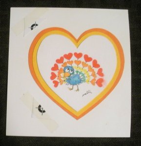 VALENTINE Cartoon Colorful Peacock w/ Hearts 4.5x4.5 Greeting Card Art #V3424