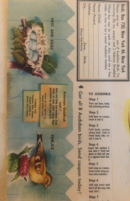 1958 fold a bird Nabisco shredded wheat premium goldfinch