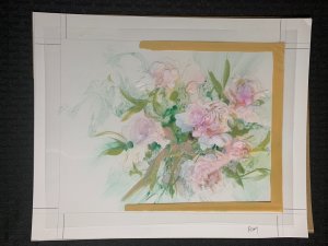 PINK PEONY Pencils and Color Rough on Velum 14x10.5 Greeting Card Art #nn