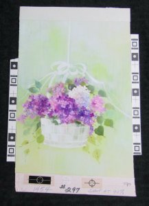 HELLO Purple Flowers in Basket w/ White Ribbon 6x10 Greeting Card Art #M1454