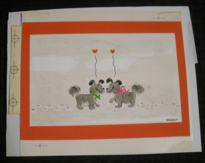 VALENTINE Two Cartoon Dogs in Snow w/ Hearts 7x6 Greeting Card Art #V3564