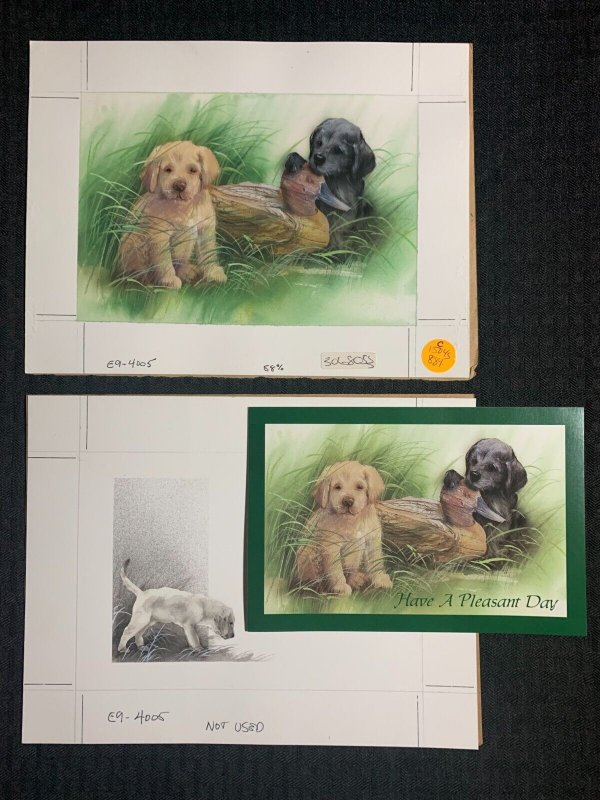 PLEASANT DAY Puppies w/ Duck Decoy 2pcs 10x7.5 Greeting Card Art #4005 w/ 1 Card