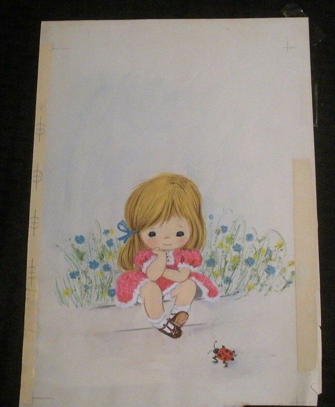 CUTE GIRL Sitting on Curb w/ Ladybug 8x11 Greeting Card Art #A58