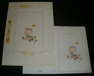 LONESOME ME Cartooj Boy w Bird & Flowers 7x10 Greeting Card Art #1475