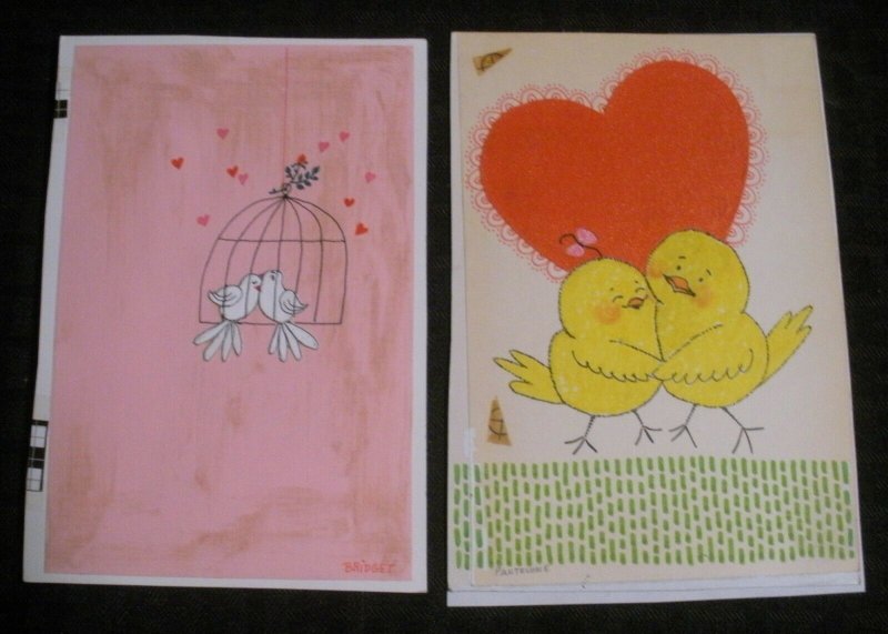 VALENTINE Cartoon Love Birds w Heart Cage 2pcs 5x7 Greeting Card Art #3530 3647