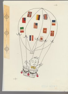 BON VOYAGE Cartoon Man in Hot Air Balloon Flags 5.5x8 Greeting Card Art #BV4249