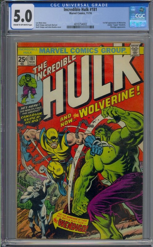 INCREDIBLE HULK #181 CGC 5.0 1ST WOLVERINE  