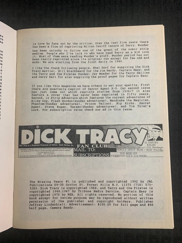1992 THE MISSING YEARS Magazine #1 FN 6.0 Dick Tracy Newspaper Strips