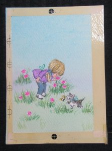 GET WELL SOON Cute Girl w/ Flowers Says Hi Kitten 6x8 Greeting Card Art #C1655