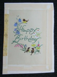 HAPPY BIRTHDAY Lettering with Three Birds & Flowers 6x9 Greeting Card Art #1519