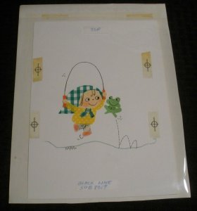 CUTE GIRL Checkered Hankerchief Jump Rope & Frog 7x10 Greeting Card Art #8019