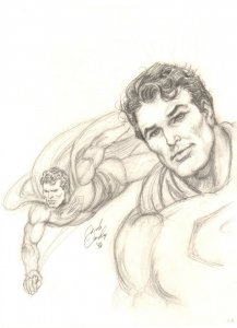 Superman Flying and Portrait Pencil Drawing - 1996 art by Nick Cardy