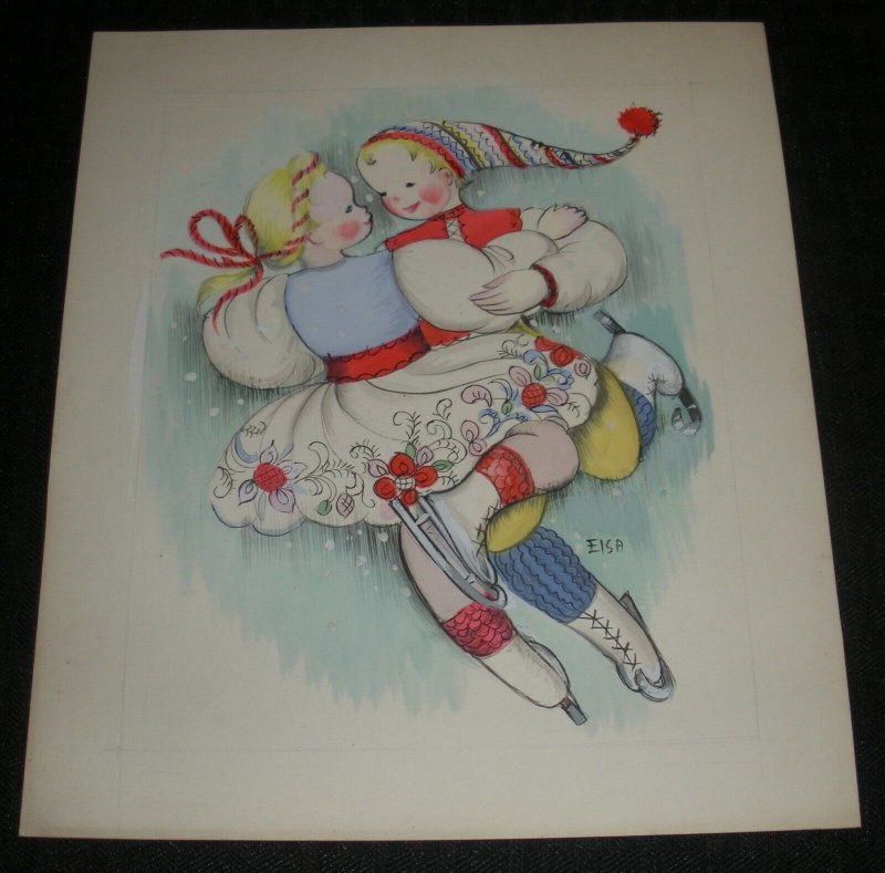 CHRISTMAS Boy & Girl Ice Skating in Fancy Dress 8x9.25 Greeting Card Art #FL302