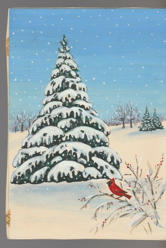 MERRY CHRISTMAS Snowy Tree w/ Cardinal Bird 5x7.25 Greeting Card Art #300-7