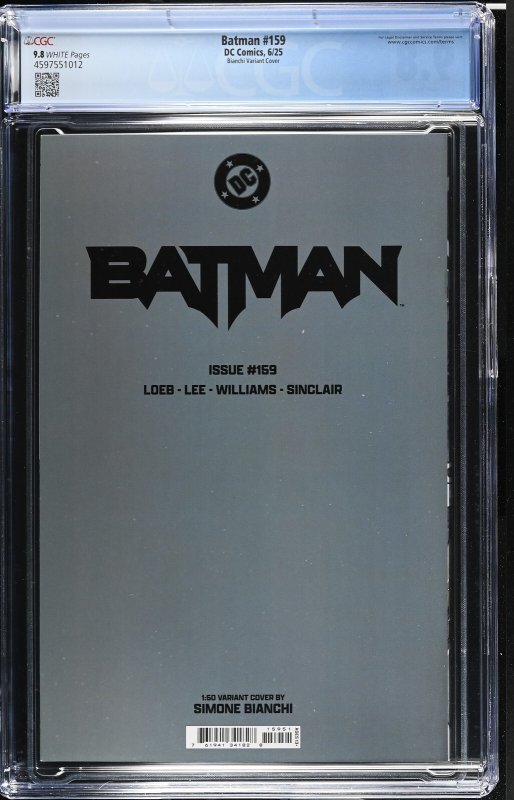 BATMAN #159 DC COMICS 2025 1:50 SIMONE BIANCHI VIRGIN VARIANT CGC 9.8 NM HUSH 2