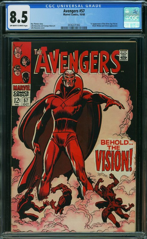 SILVER AGE 1968 AVENGERS #57 COMIC CGC 8.5 1st VISION OFF-WHITE TO WHITE Pages!