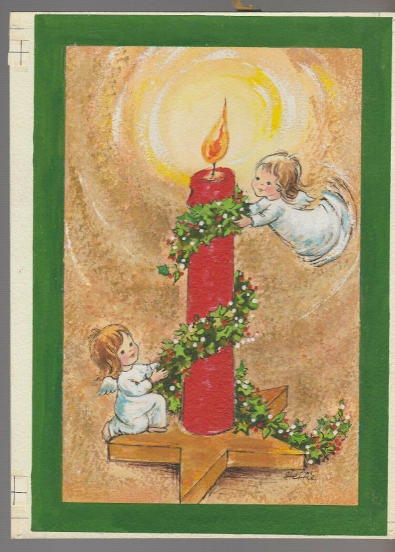 CHRISTMAS Cute Angels Girls w/ Garland & Red Candle 7.5x10 Greeting Card Art #2