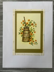 GET WELL WISH Orange Flowers iand Butter Churn 6x8.5 Greeting Card Art 1872