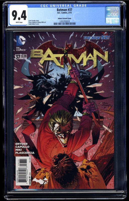 Batman (2011) #37 CGC NM 9.4 White Pages Kubert Variant Cover!