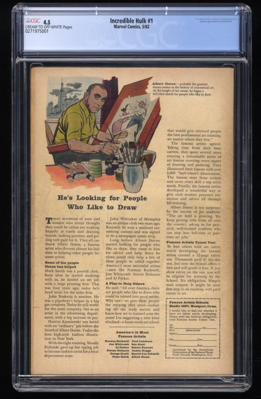 Incredible Hulk (1962) #1 CGC VG+ 4.5 NO Marvel Chipping! 1st Appearance Hulk!