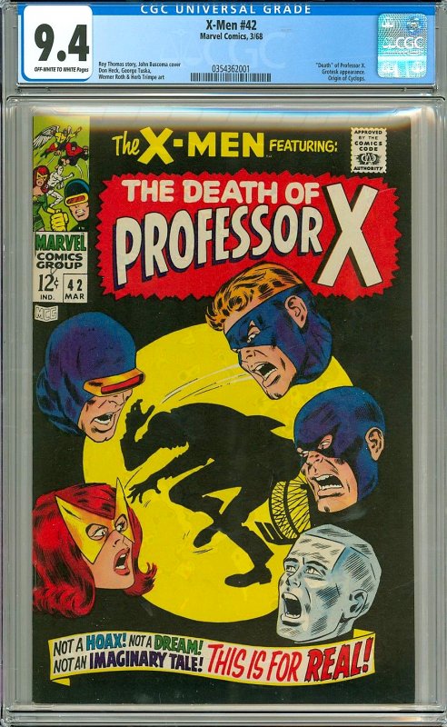 X-Men 42 (CGC 9.4) OW/W pgs; Death of Professor X; Marvel Comics; 1968