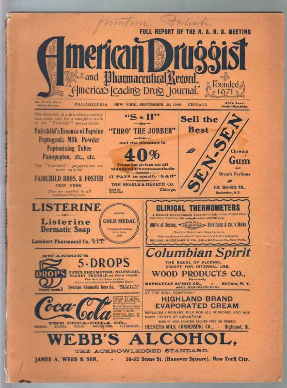 American Druggist 9/25/1905-drug store info-Heroin-Coca-Cola cover ad-VG-