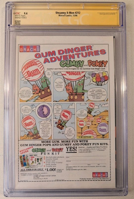 Uncanny X-Men #212 CGC 9.4 Signed by Chris Claremont Wolverine Vs. Sabertooth