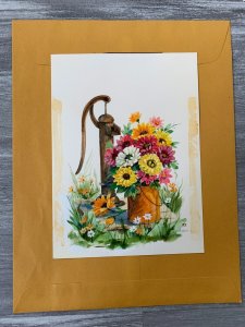 THINKING OF YOU Flowers in Can & Hand Water Pump 6x8 Greeting Card Art C9705