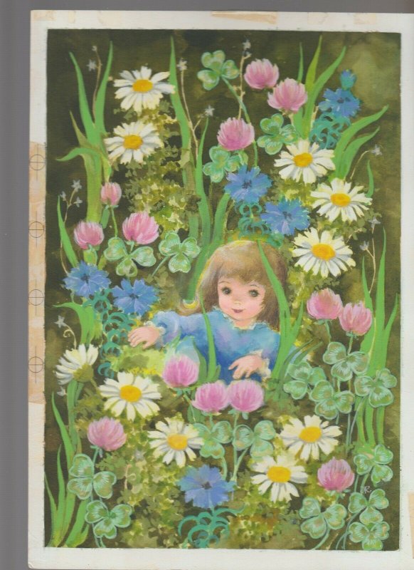 EASTER Cute Girl Surrounded by Colorful Flowers 8x11.5 Greeting Card Art #E2834