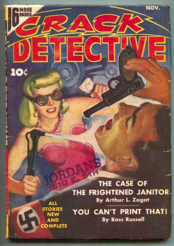 Crack Detective Pulp November 1942- Nazi being burned cover