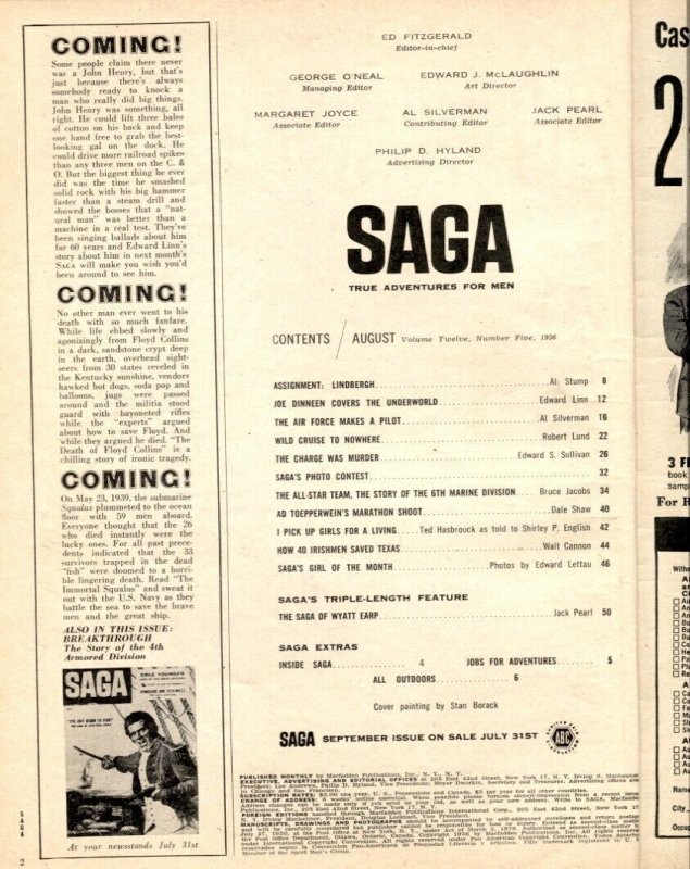 Saga Magazine August 1956- Wyatt Earp- Lindbergh- Joe Dinneen