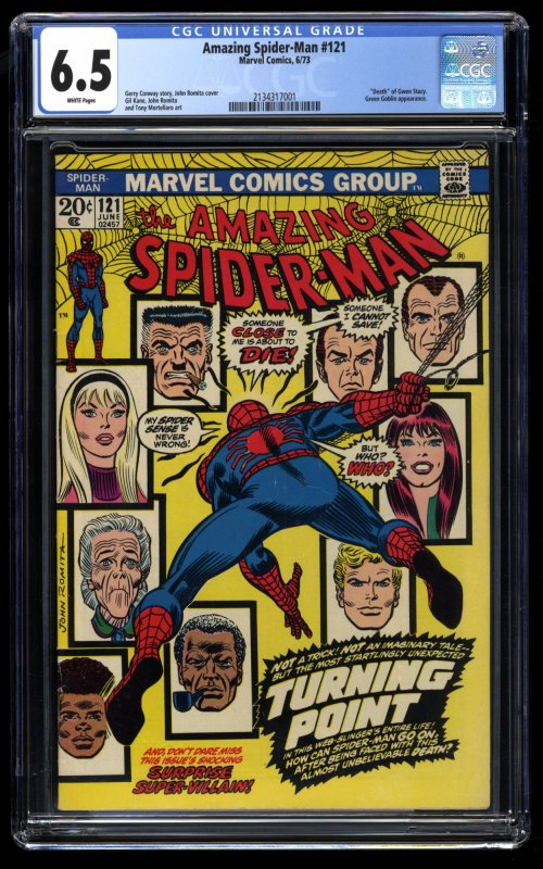 Amazing Spider-Man #121 CGC FN+ 6.5 White Pages Death of Gwen Stacy!