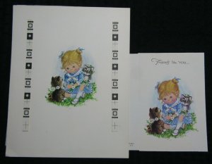 FRIENDS LIKE YOU Cute Girl w/ Flowers & Kittens 7.5x9.5 Greeting Card Art #M9412