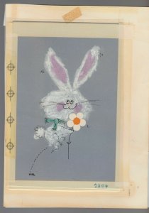 HAPPY EASTER Cartoon Rabbit Hopping with Daisey 7.5x10 Greeting Card Art #E2804